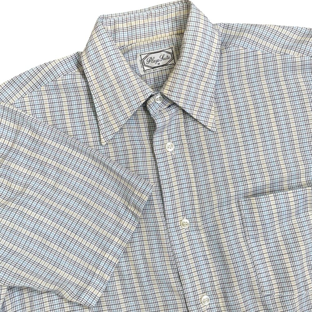 Vintage‎ Plaza Suite Button Up Camp Shirt Mens M Blue Plaid Dagger Collar 70s